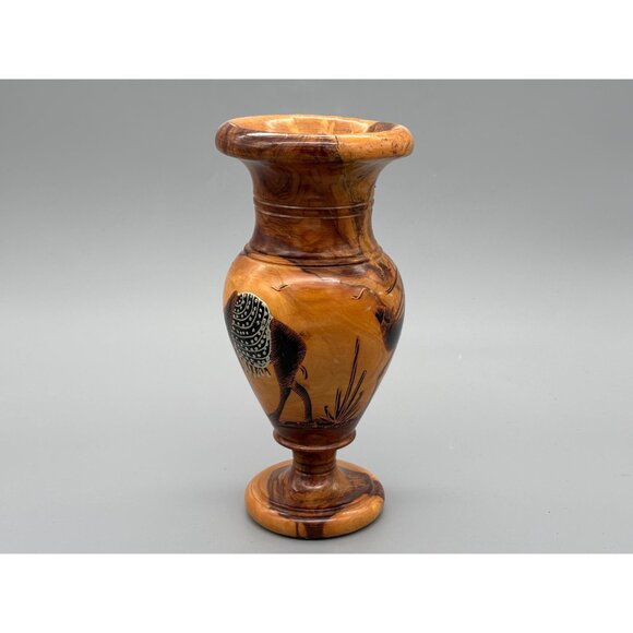 Vintage Carved Wood Vase With Painted Camel Design And Inlaid Accents - Picture 5 of 10